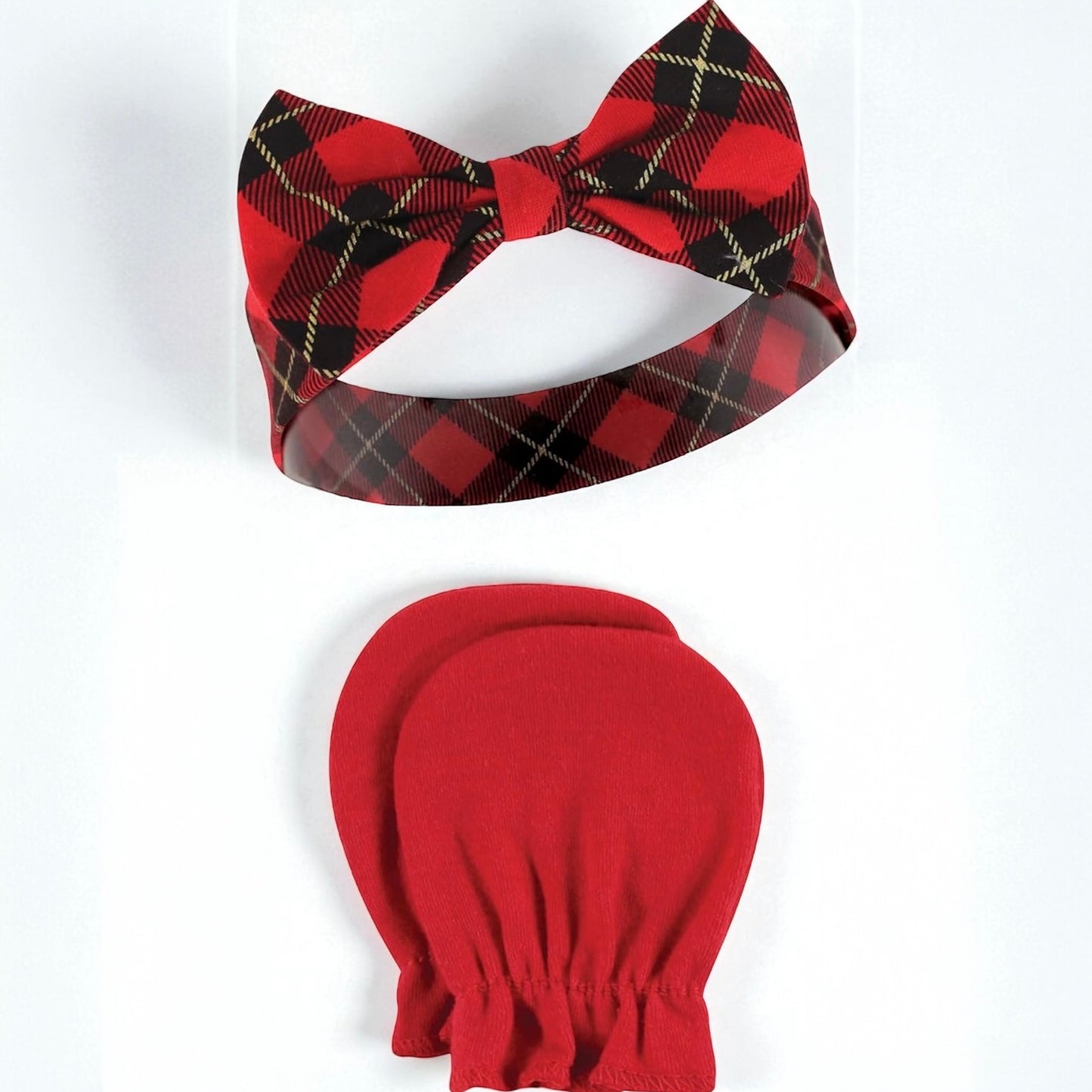 Red and Black Plaid Baby Headband and No Scratch Mittens/ Newborn Holiday Gift