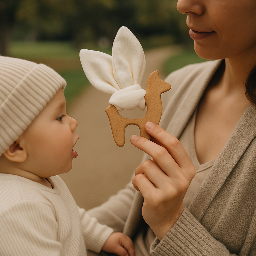 Lama Baby Gift Set – Fabric Bunny Ear Wooden Teether & No-Scratch Cotton Mittens 0–6M