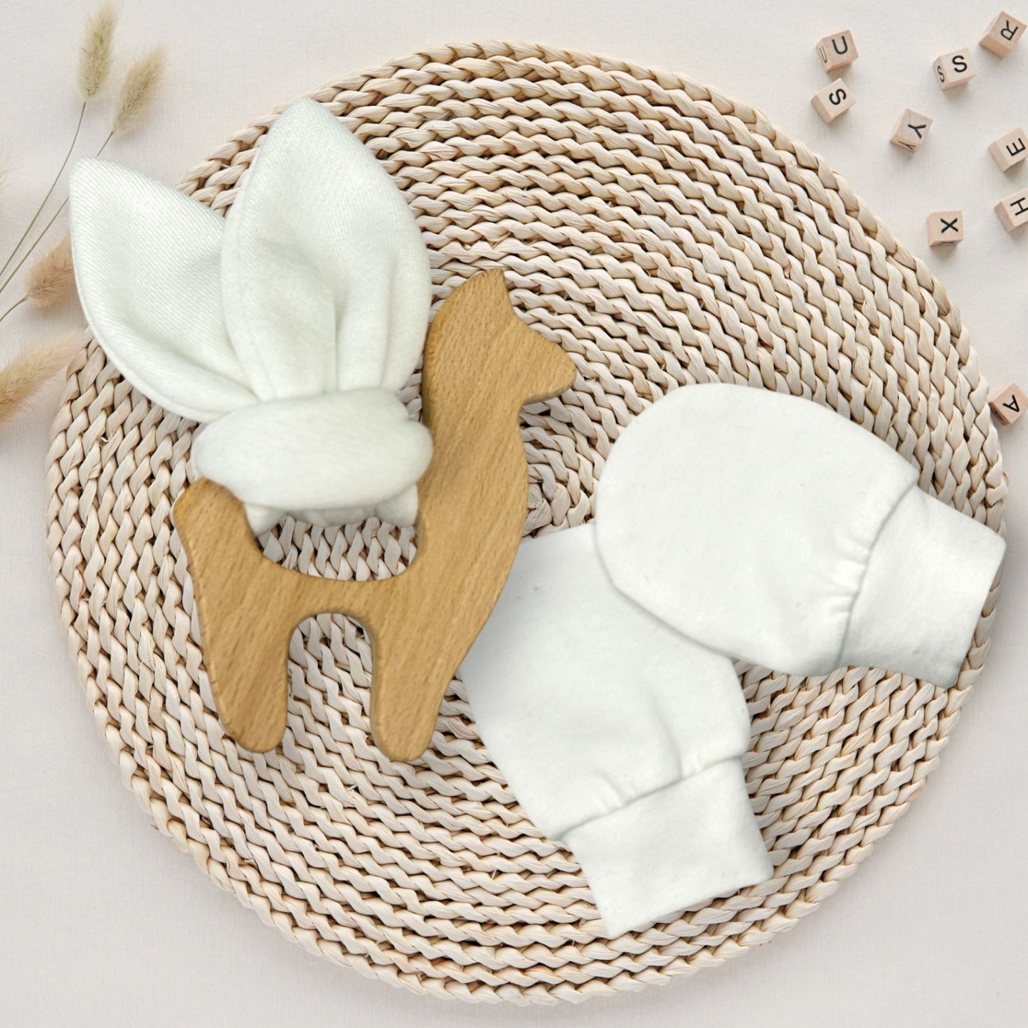Lama Baby Gift Set – Fabric Bunny Ear Wooden Teether & No-Scratch Cotton Mittens 0–6M