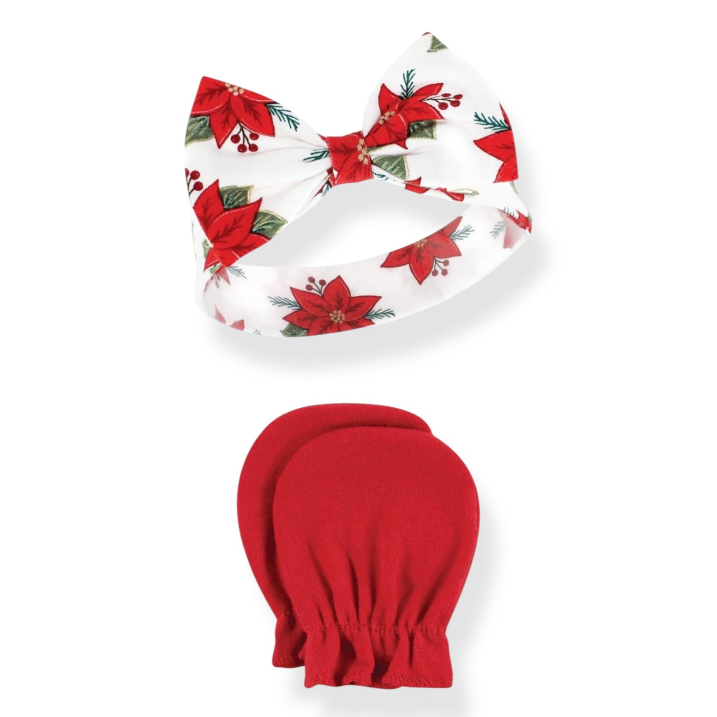 Poinsettia Print Baby Headband and No Scratch Mittens/Newborn Christmas Gift
