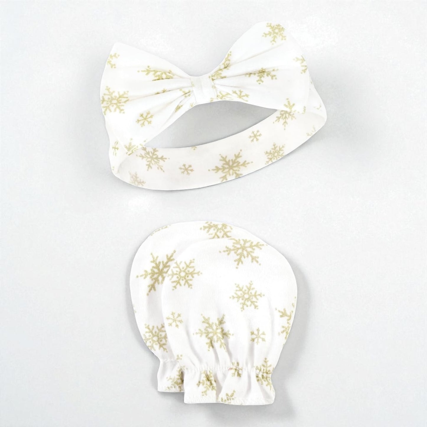 Snowflake Print Baby Headband and No Scratch Mittens/ Newborn Holiday Gift
