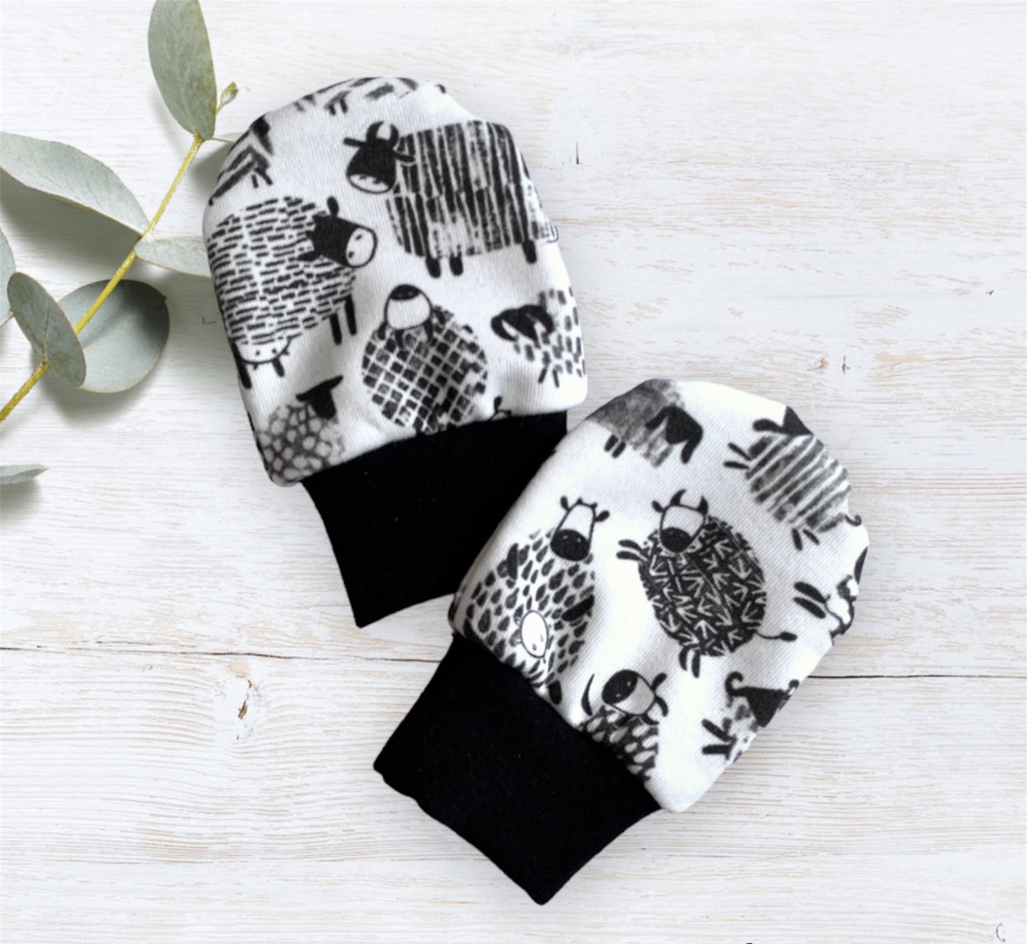 High Contrast Barn Animals Scratch Mittens/Cows and Sheep Black and White Sensory Mittens